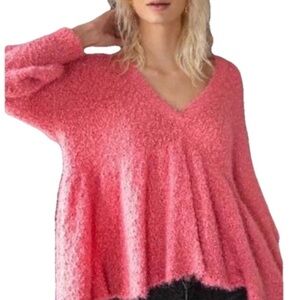 POL Women's Cozy Rose Pink V-Neck Flowy Peplum Popcorn Knit Sweater Casual